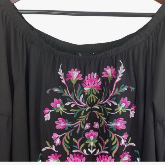 INC off shoulder boho black Whimsigoth Floral Embroider floral Bellsleeve M - Picture 2 of 6